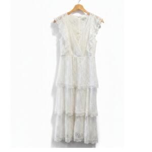 New! Premier Amour White Lace Tiered V-Neck Maxi Dress Sz 6 #342